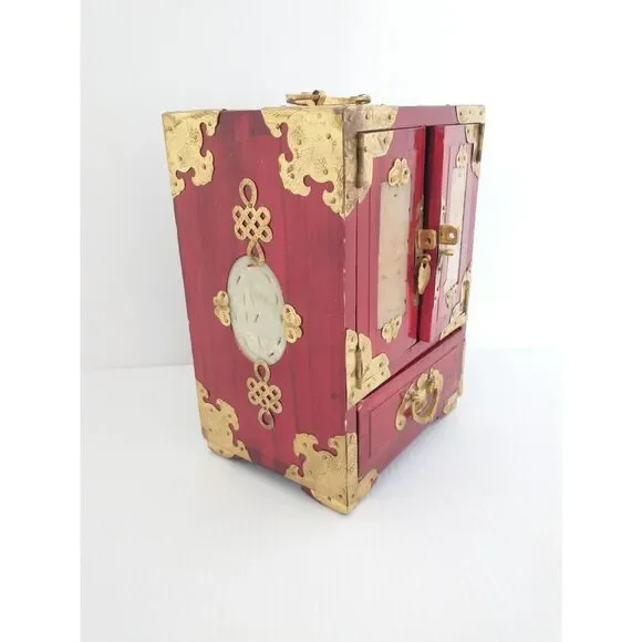 Vintage Chinese Rosewood Jewelry Box Ornate Brass Jade Inlay